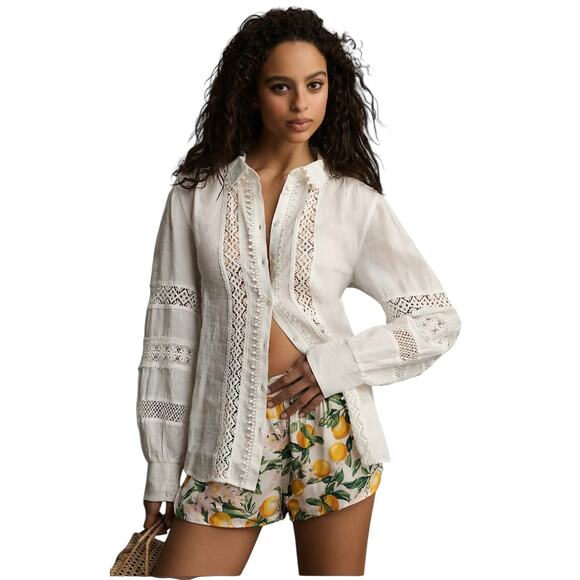 Anthropologie Embroidered Lace Buttondown Blouse Sz Small Cottage Boho Peasant - Picture 2 of 14